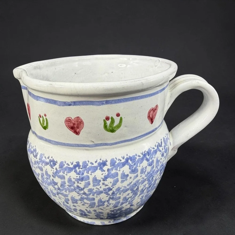 Vintage MM Portugal Hand Painted Terracotta Pitcher Blue‎ Sponge Heart Folk Art